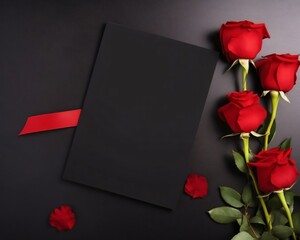 A black blank card with space for your own content. Next to a red bouquet of roses. Dark background. Valentine's Day as a day symbol of affection and love.