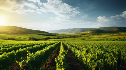 Naklejka premium Panorama view of Green field with rows of vines. Ripe grapes for the production of fine wines.