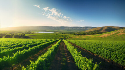 Panorama view of Green field with rows of vines. Ripe grapes for the production of fine wines.