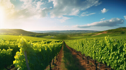 Naklejka premium Panorama view of Green field with rows of vines. Ripe grapes for the production of fine wines.