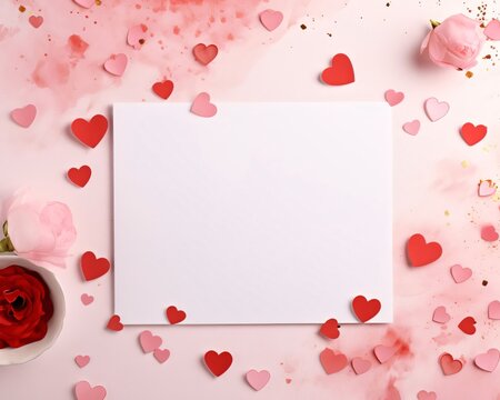 White blank card with space for your own content. All around scattered, red, pink hearts, confetti, view from above. Valentine's Day as a day symbol of affection and love.