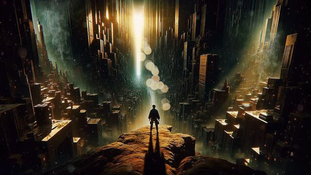 Lone figure stands on a cliff overlooking a dense, futuristic city bathed in the glow of a vertical sunset.