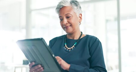 Business, senior and happy woman on tablet for research, social media or communication at office. Mature, female person or executive smile with technology for online search or networking at workplace
