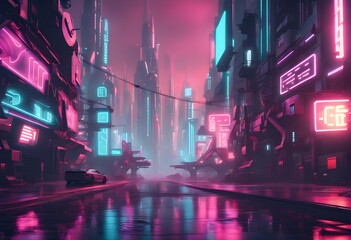 Cyberpunk style futuristic city street, 3d illustration.