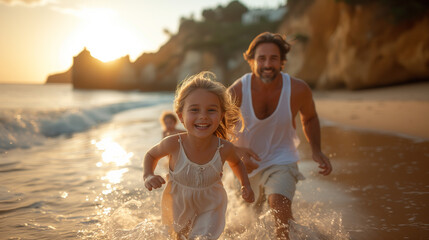 Father and girl playing on beach - obrazy, fototapety, plakaty