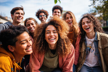 A diverse group of friends shares a moment of joy and laughter outdoors, embodying friendship and happiness in a casual setting.