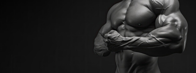 Fototapeta na wymiar In black and white, the shirtless torso of a muscular male bodybuilder on a black background.