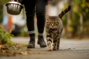 Fototapeta premium a stray cat followed by a person with a feeding bowl
