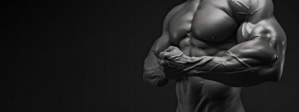 In black and white, the shirtless torso of a muscular male bodybuilder on a black background.