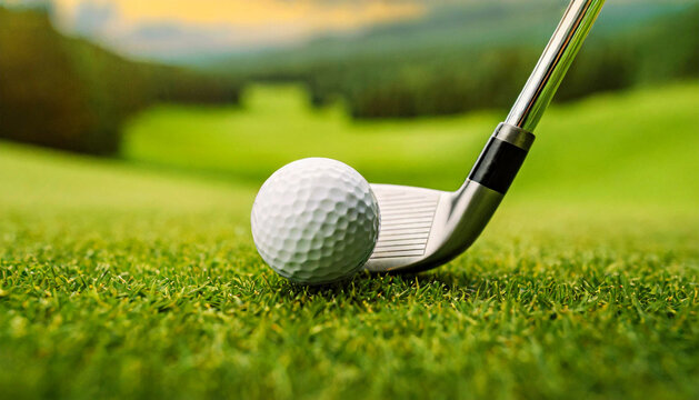 Closeup of a white golf ball and a metal golf club on a golf course, green grass. Generative Ai.