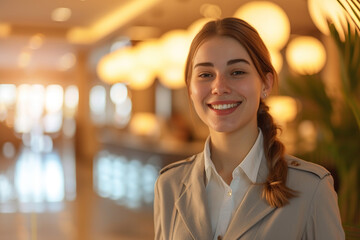 Young beautiful woman receptionist standing in hotel lobby near the counter