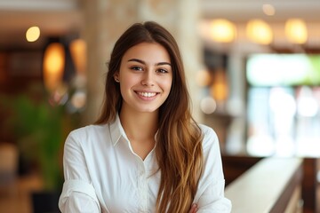 Young beautiful woman receptionist standing in hotel lobby near the counter