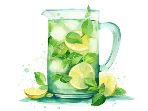 Refreshing Glass Pitcher of Lemonade With Mint. Watercolor illustration, card.