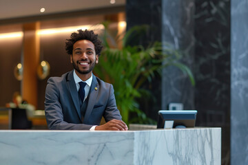 Young african american man receptionist standing in hotel lobby near the counter