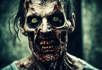 Close-up portrait of a horrible scary zombie man. - obrazy, fototapety, plakaty