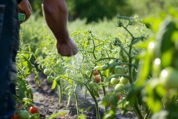 man sprinkling fertilizer among tomato plants