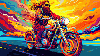 A bright multi-colored illustration of an adult bearded biker in leather clothing riding a motorcycle on the highway.