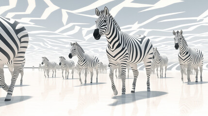 Fototapeta premium Zebras Gathered in a Surreal White Landscape With Reflective Striped Background