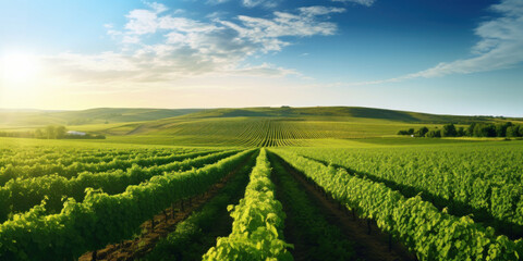 Panorama view of Green field with rows of vines. Ripe grapes for the production of fine wines. - obrazy, fototapety, plakaty