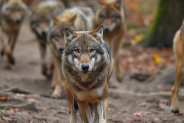 wolf pack moving past, one looking curiously at camera