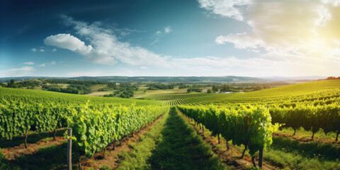 Panorama view of Green field with rows of vines. Ripe grapes for the production of fine wines. - obrazy, fototapety, plakaty