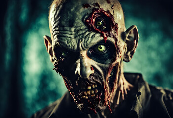 Close-up portrait of a horrible scary zombie man. - obrazy, fototapety, plakaty