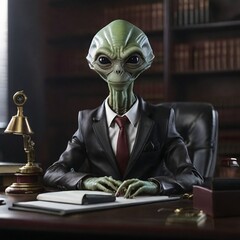 alien lawyer in his office in aria 51 - obrazy, fototapety, plakaty
