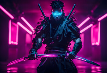 A guy in a cyberpunk image. Cyborg samurai holds