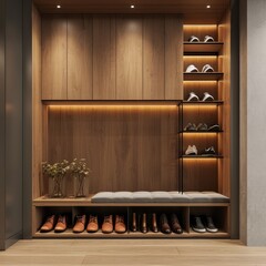 Interior equipment, accessories, shoes and sandals on aesthetic shelves with various kinds of modern decorations, good for blogs, websites, businesses, etc. Generative Ai
