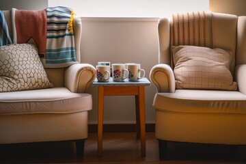 two armchairs with a small table between, mugs atop the table