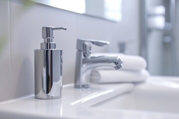 Bathroom counter with sink, water faucet and soap dispenser with liquid soap