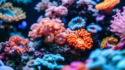 Naklejka na ściany i meble Vibrant coral reef in an aquarium, showcasing diverse marine life with exotic fish and colorful coral formations, perfect for underwater and nature themes