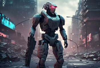 Cyberpunk soldier city warfare - 3D illustration