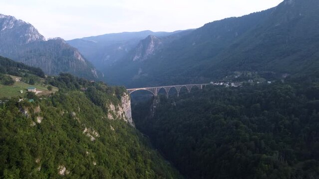 Aerial view of cars on Durdevica Tara Bridge and Canyon Zabljak, Durmitor National Park, Montenegro