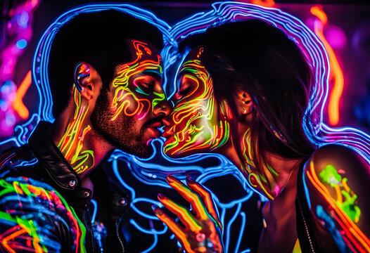 Couple kissing in the disco club with fluorescent