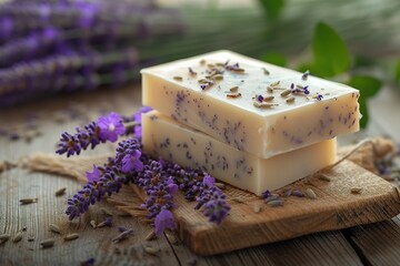 Natural soap bars with lavender flowers on wooden background