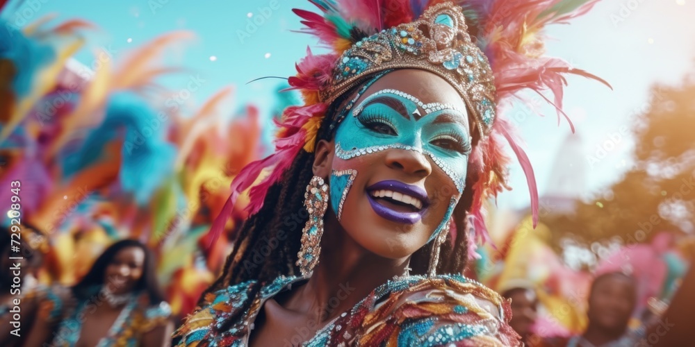 Aufkleber a woman in a colorful costume smiles at the camera. perfect for adding vibrancy and joy to any proje