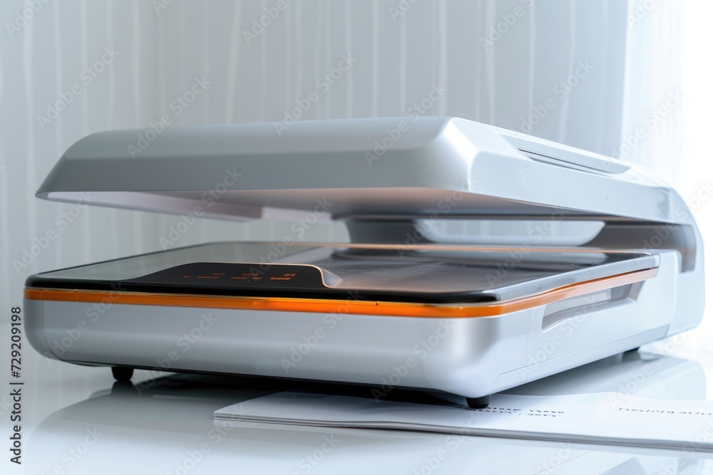 Poster a laptop computer placed on top of a desk. suitable for technology-related articles or office-themed