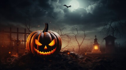 A spooky Halloween pumpkin sitting on top of a pile of dirt. Perfect for Halloween decorations or spooky-themed designs