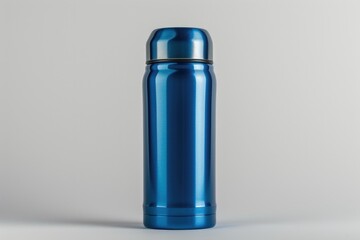 Blue thermos bottle placed on a clean white surface. Suitable for use in outdoor activities, travel, or for keeping beverages hot or cold