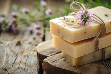 Handmade soap bars with flowers on wooden table