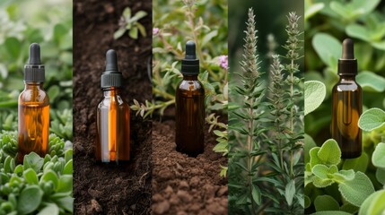 Collection of essential oil dropper bottles set against backdrop of lush herbal plants, symbolizing organic skincare.