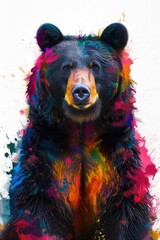 A painting of a bear covered in colorful paint splatters. Perfect for adding a touch of creativity and uniqueness to any space