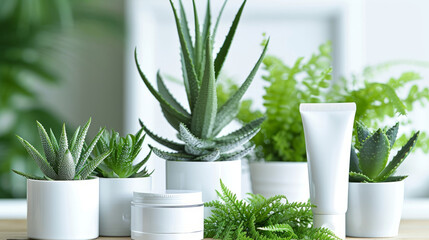 Skincare tubes amid aloe plants, merging natural ingredients with beauty care - obrazy, fototapety, plakaty