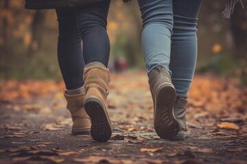 couple walking hand in hand, feet in midstep blur