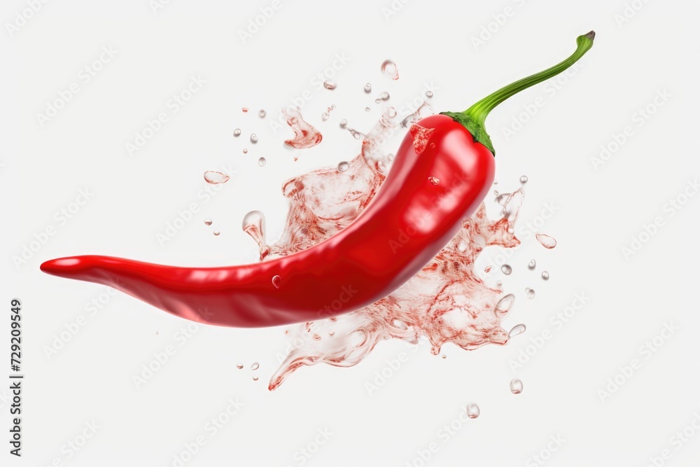 Poster a vibrant red hot pepper with water splashing around it. perfect for adding a touch of spice and fre