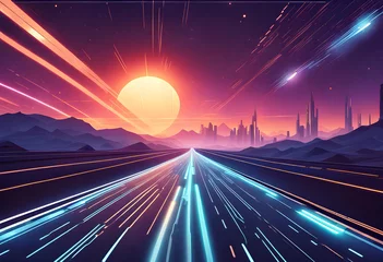 Tuinposter Futuristic scene depicting a long road with a light © Hassan Rehman