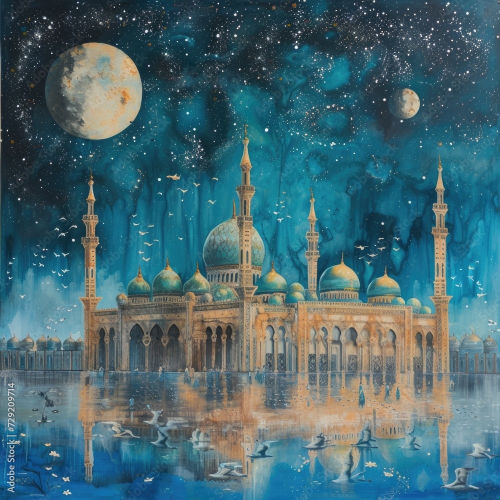 Aufkleber a painting depicting a mosque illuminated in the darkness of the night. this artwork captures the se