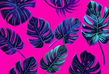 Neon monstera palm leaves background concept.