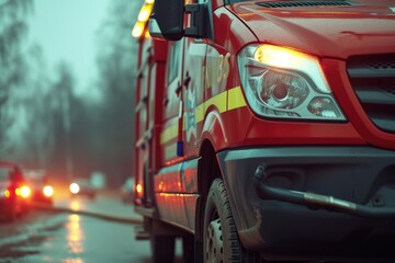 Naklejka premium A red fire truck driving down a wet street. Perfect for illustrating emergency services and rainy day scenes